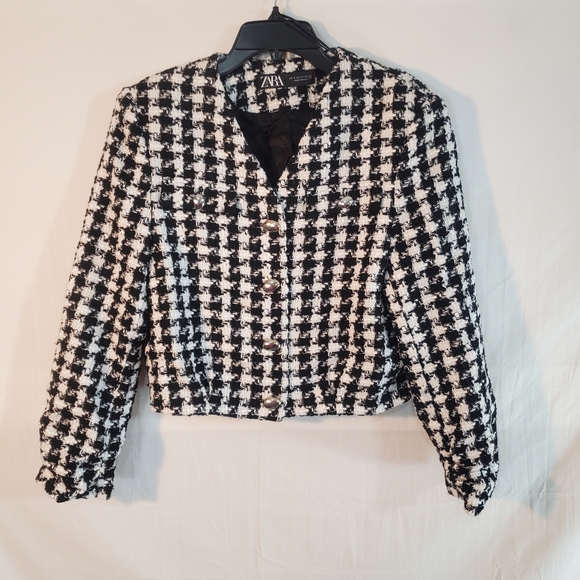 ZARA Women's Medium Checkered Tweed Cropped Blazer - Picture 2 of 6